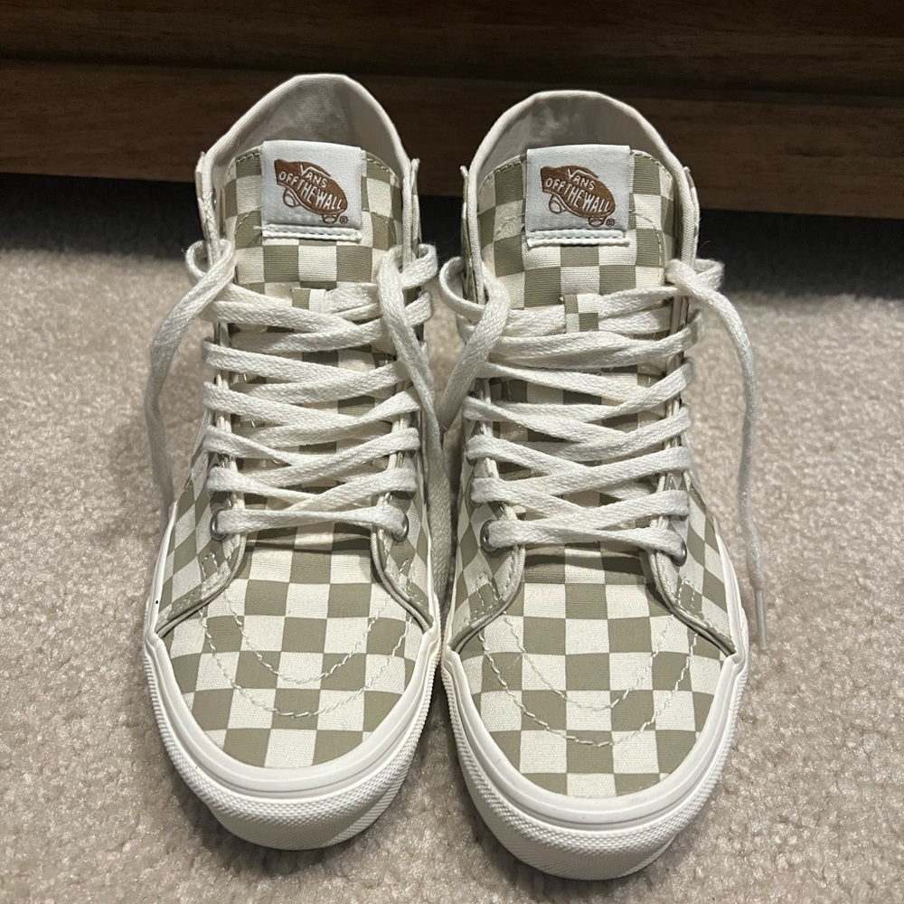 sage checkered high top vans